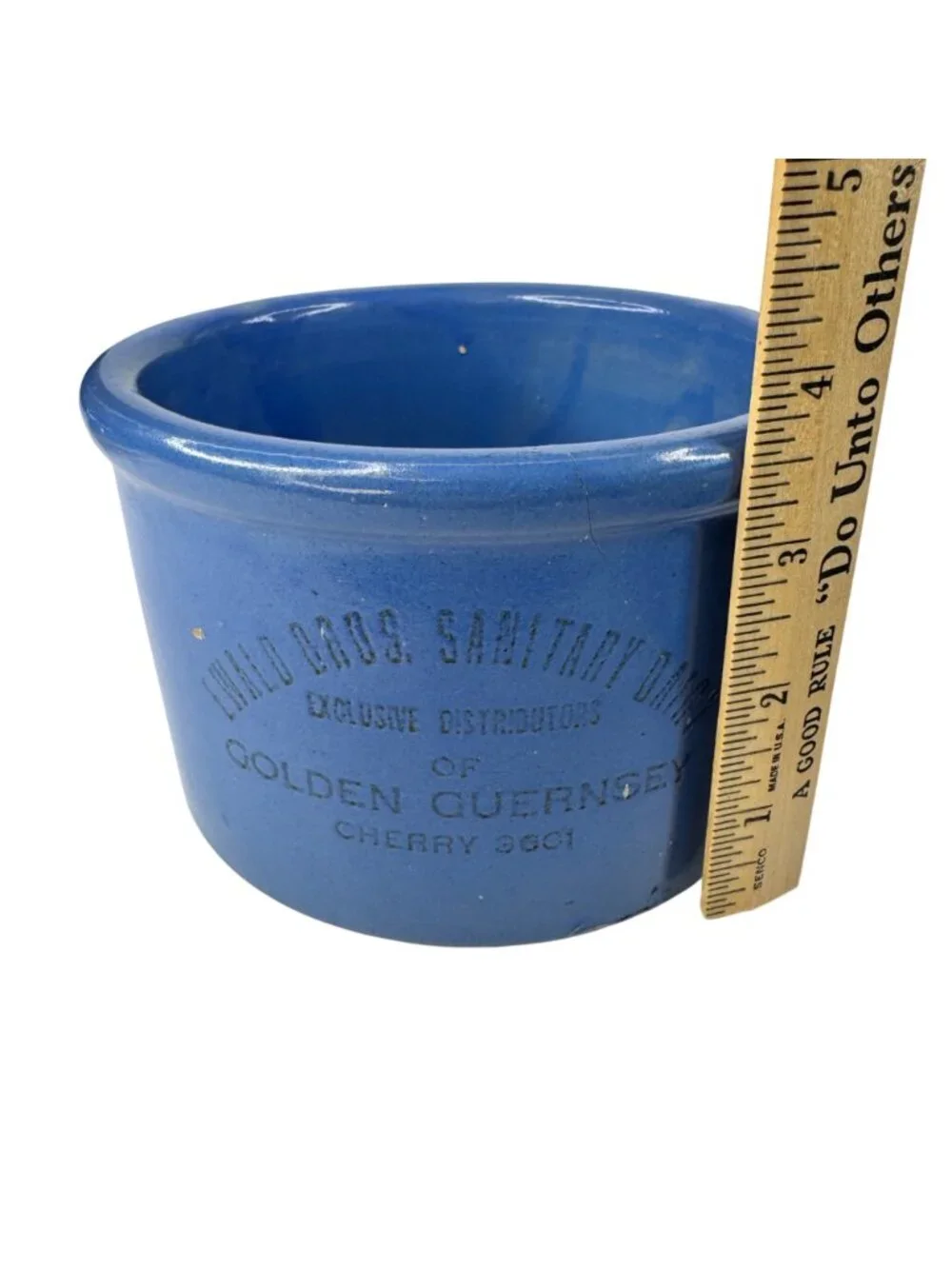 Ewald Bros. Sanitary Dairy Blue Ceramic Butter Crock 5" Golden Guernsey MN Vtg - Picture 6 of 12